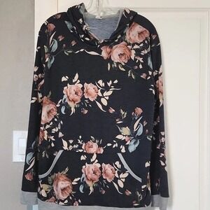 Lilypad Women's‎ Charcoal Floral Print Long Sleeve Hoodie Pocket Casual Top